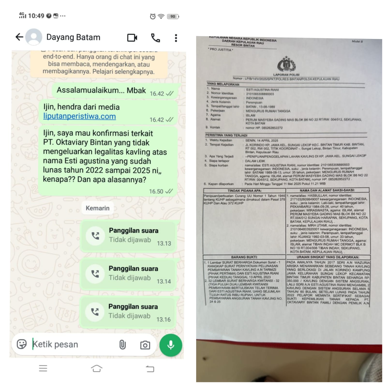 Diduga PT. Oktaviary Bintan Famili Lakukan Penipuan dan Penggelapan, Korban Pembelian Kavling Laporkan ke Pihak Berwajib